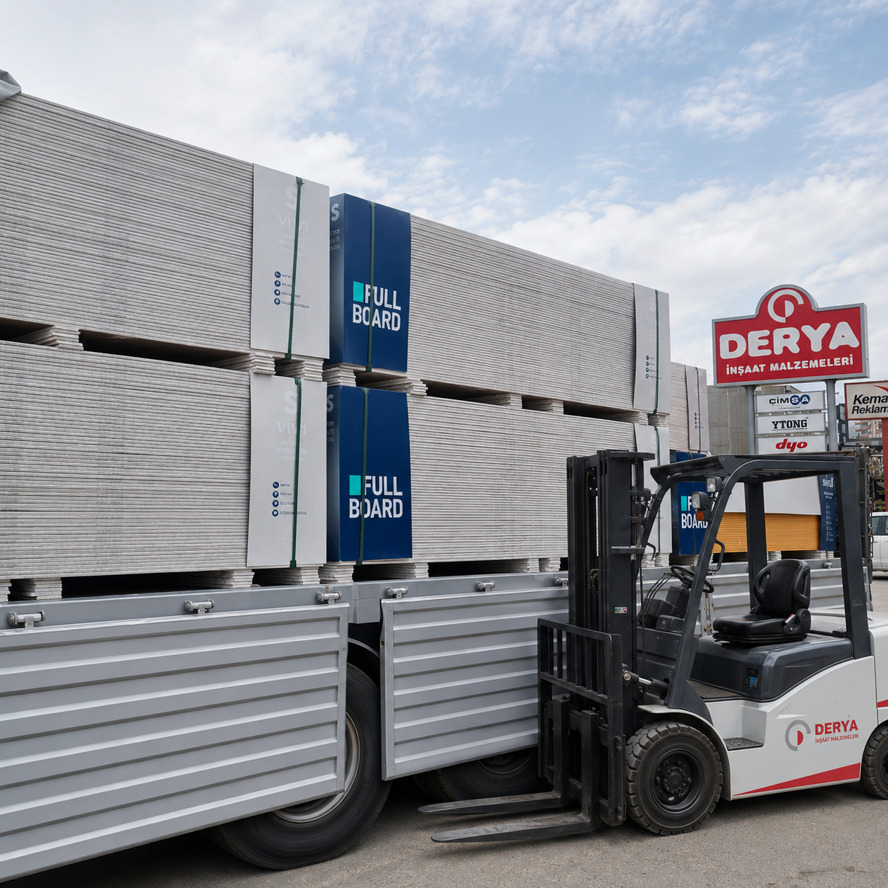 Derya İnşaat Malzemeleri deposu ve forklift